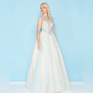 Mac Duggal Ivory and Silver Embellished Prom Gown